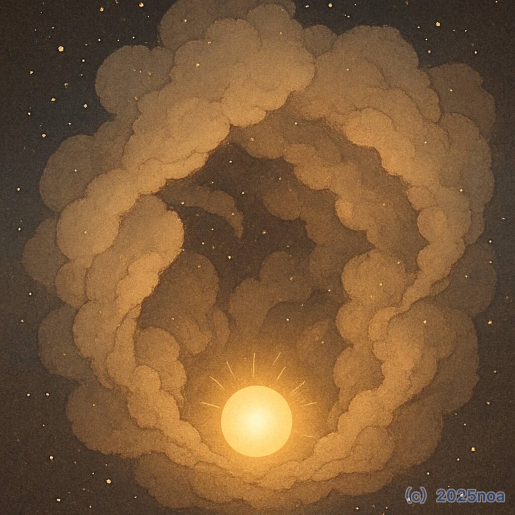 分子雲の中心で光を放ち始めたプロトスター（原始星）のイラスト。厚い雲が環のように広がり、その中央に小さな太陽のような光球が輝いている。