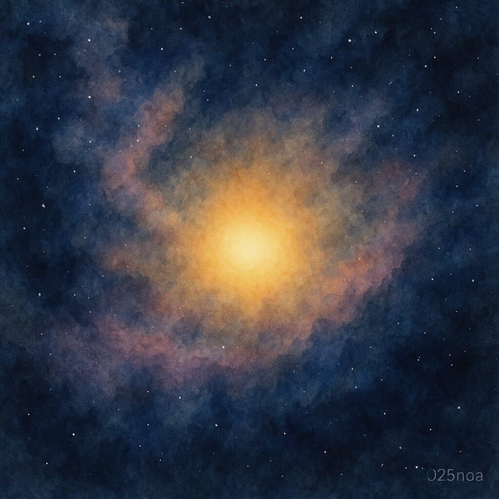 宇宙の闇の中で光を放ち始めた恒星のイラスト。オレンジ色の輝きが周囲のガスや雲を照らし、青紫の星雲が広がっている。