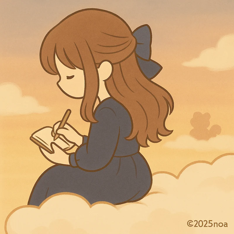 夕暮れ色の空、雲の上に座ってノートに文字を書くお嬢さま。大きなリボンを髪に結び、落ち着いた表情で夢を綴っている様子。