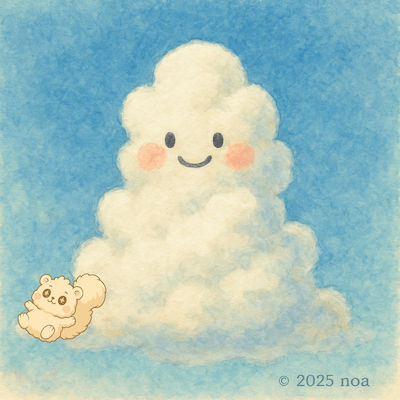 青空に浮かぶ白い入道雲を、ほほえむ顔と赤いほっぺで擬人化したイラスト。雲の横には、ふわふわした毛並みのリス妖精キャラクタールミリィが座って微笑んでいる。