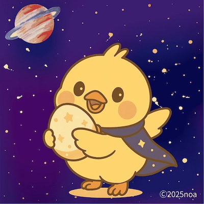 夜空に浮かぶ惑星の近くで、黄色い小鳥のかたるんが星柄の卵を抱えているイラスト。かたるんはマントを羽織り、嬉しそうに微笑んでいる。