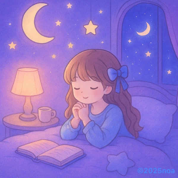 夜、ベッドで目を閉じて祈るように手を組んでいる女の子。髪に青いリボンをつけ、枕元にはランプと本。窓の外には三日月と星が輝いている、やさしい雰囲気のイラスト。
