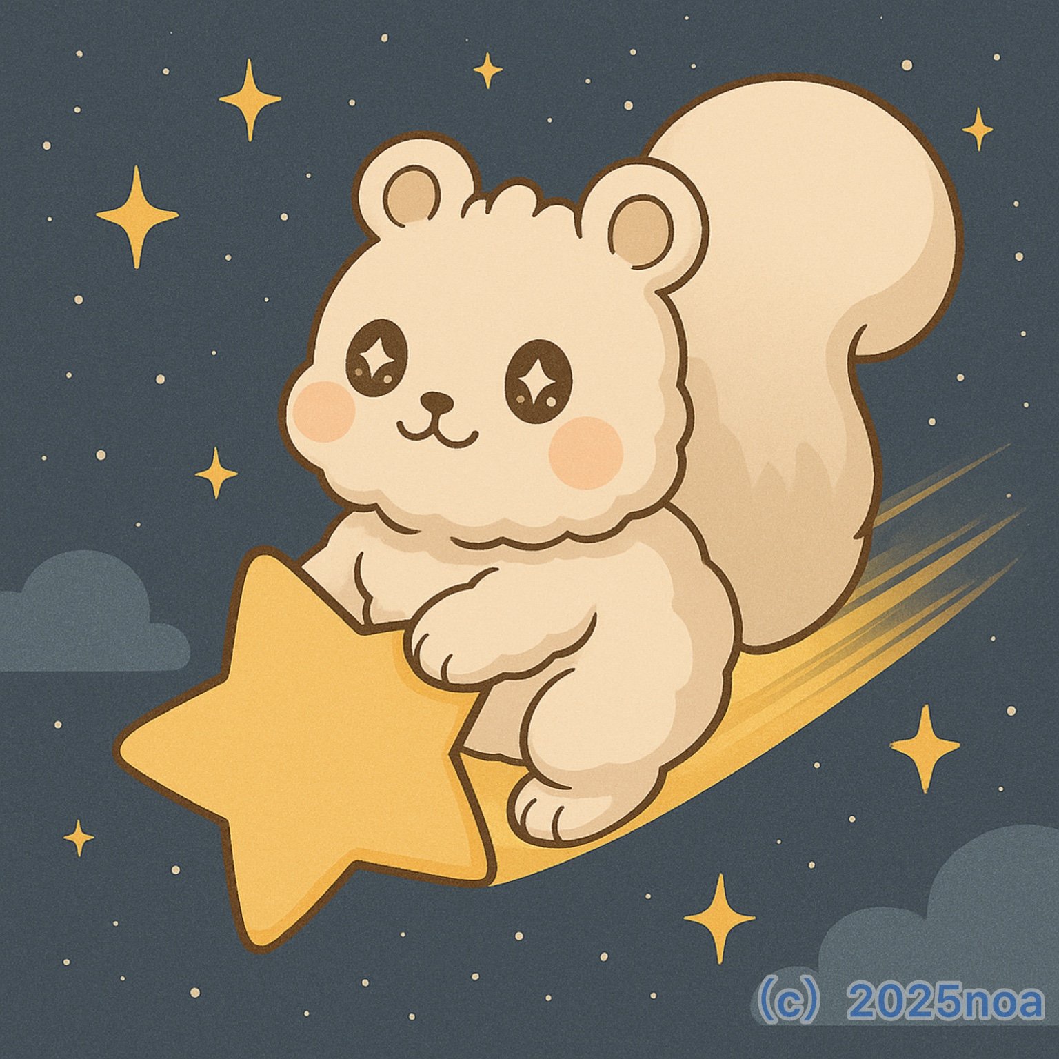 星に乗った雲の妖精。ルミリィが夜空で流れ星に乗っている様子。