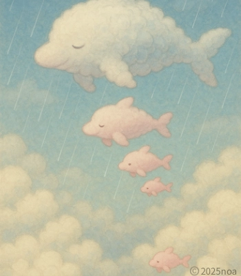 雲でできたイルカの親子が、雨が降る空の中を静かに降りてくる様子。
一番大きなイルカは成体で、優しい眼差しで子イルカ達を導いている。
その下には、少しずつ小さくなるピンク色の子イルカたちが続いている。
空の色は淡い水色、背景にはもこもこの雲たち。

