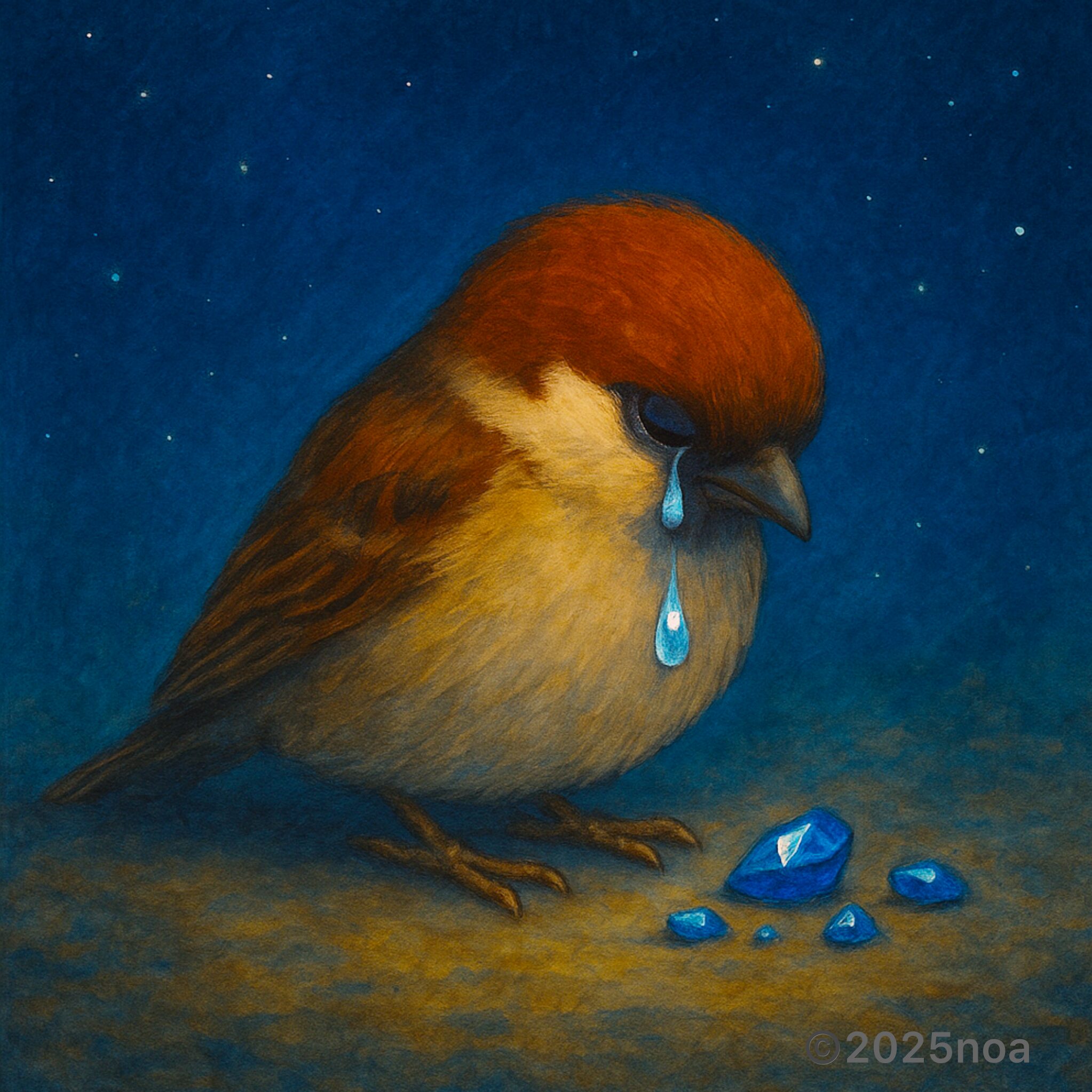 夜空の下、涙をこぼす小さなスズメ。サファイアのように青く輝く涙が地面に落ち、宝石の粒になって並んでいる様子を描いた幻想的なイラスト。