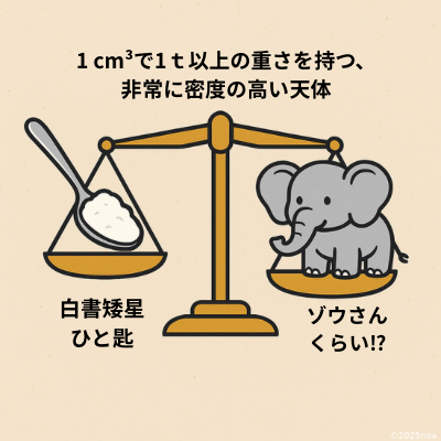 スプーンひと匙の白色矮星の物質が、天秤の反対側のゾウさんと釣り合っているイラスト。
小さな白いひと粒が、宇宙の重みを宿していることを示す図。
