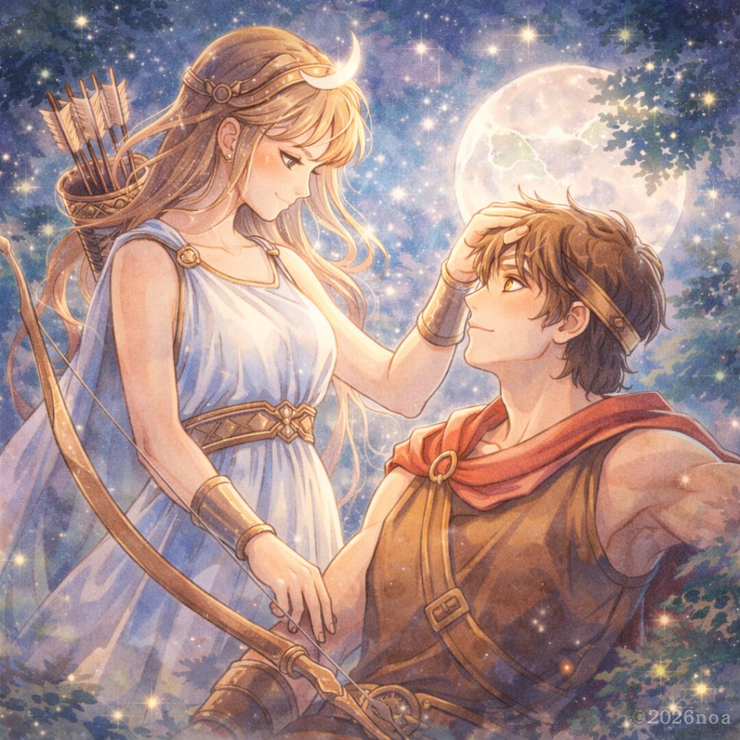 満月の下で、女神アルテミスが座るオリオンの頭にそっと触れている神話イラスト。背景には星明かりが広がっている。