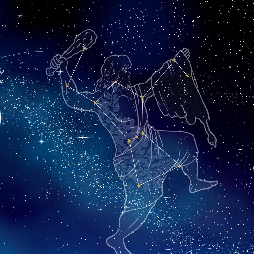 冬の代表的な星座オリオン座を線で結んだイラスト。狩人オリオンのシルエットが星空の上に描かれ、中央に三つ星、左上にベテルギウス、右下にリゲルが配置されている。