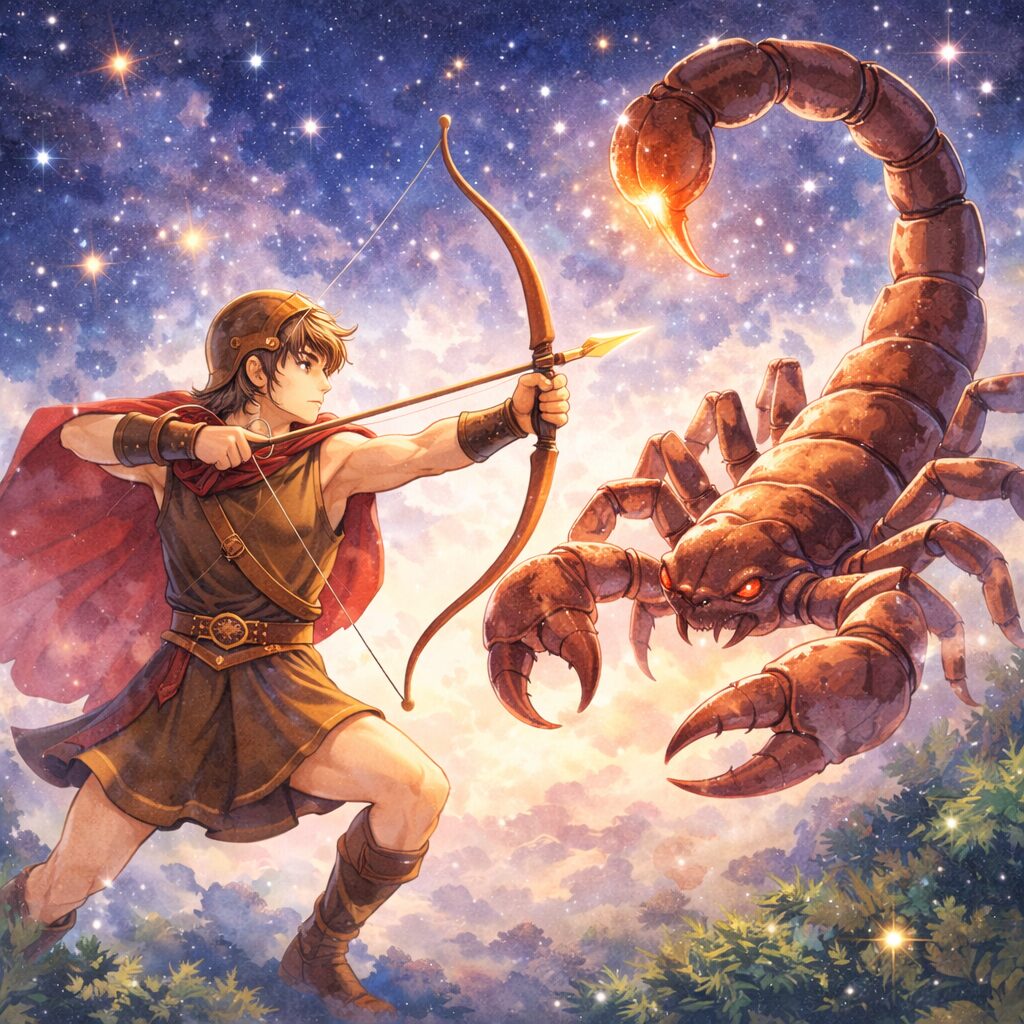 弓を構える狩人オリオンが、巨大なサソリと対峙している神話イラスト。背景には星空が描かれている。