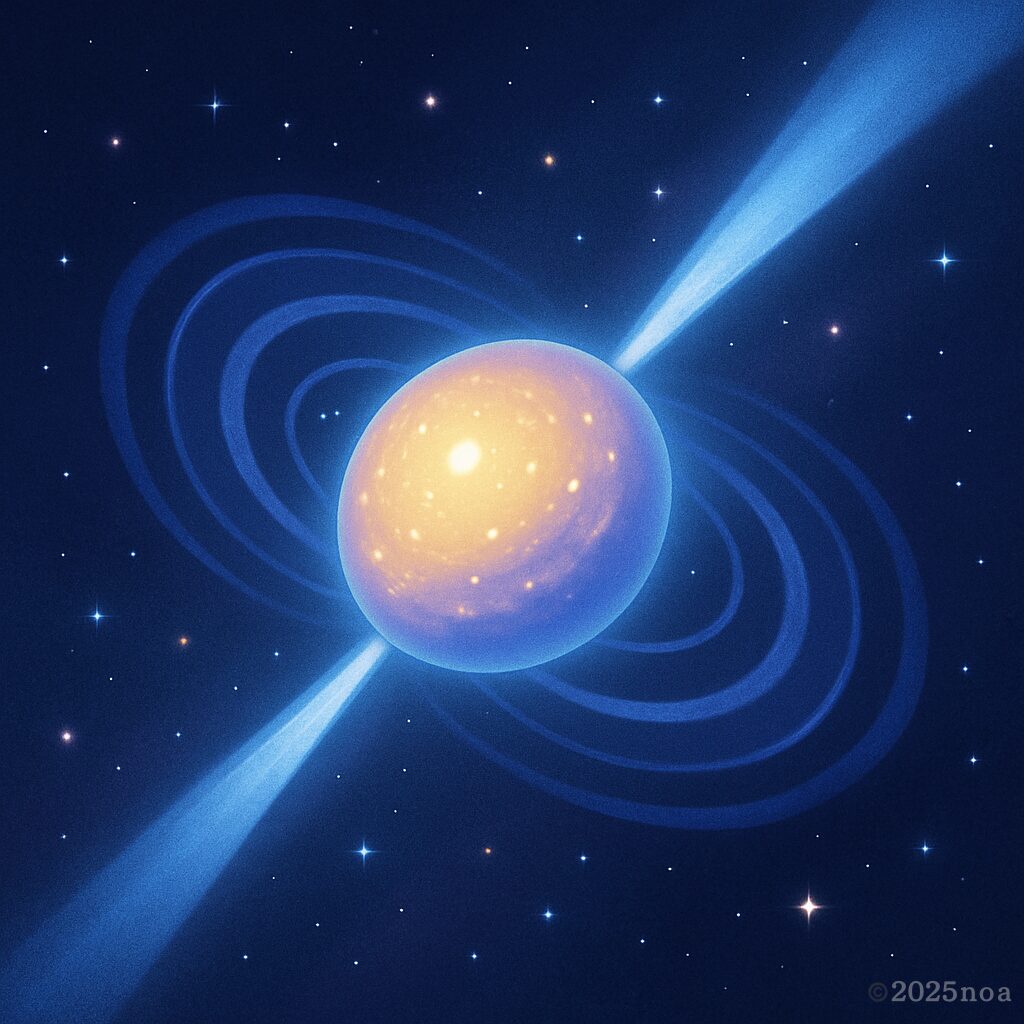宇宙空間で高速回転するパルサーのイラスト。強い磁場から両極に向けてビーム状の光が放たれ、星の周囲には磁力線の輪が描かれている。