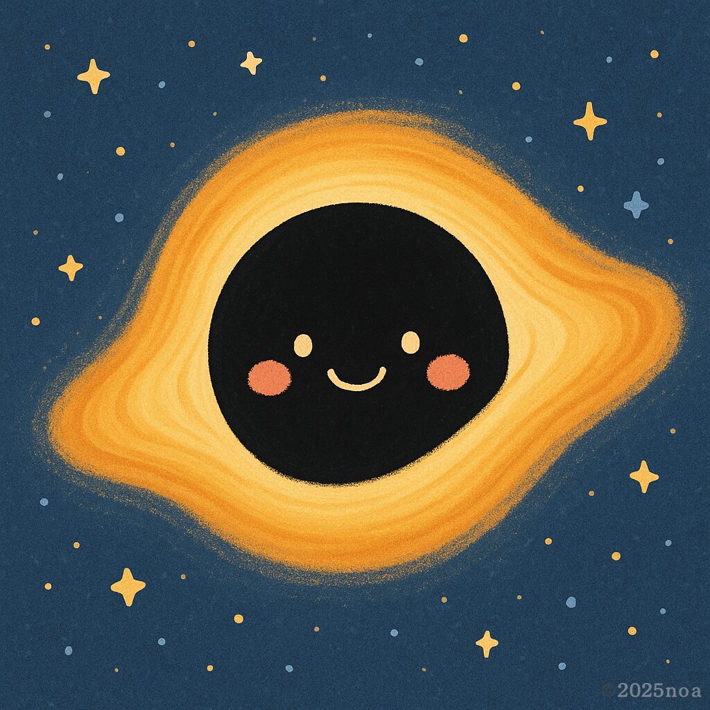 降着円盤に包まれたブラックホールを、ゆるキャラクター風に描いたイラスト。