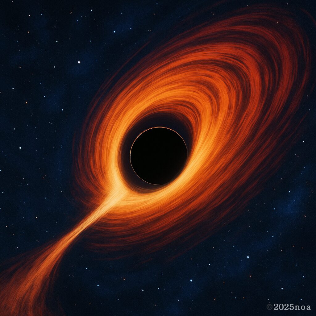 中央に黒い事象の地平面をもつブラックホールと、その周囲を高速で渦巻く炎のような降着円盤を描いたイラスト。