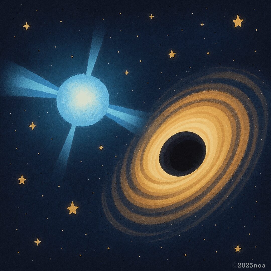 青白く輝く中性子星（パルサー）と、黄金色のリングをまとったブラックホールが並んで描かれた宇宙イラスト。回転しながら電波を放つパルサーと、光を飲み込むブラックホールの対比が幻想的。