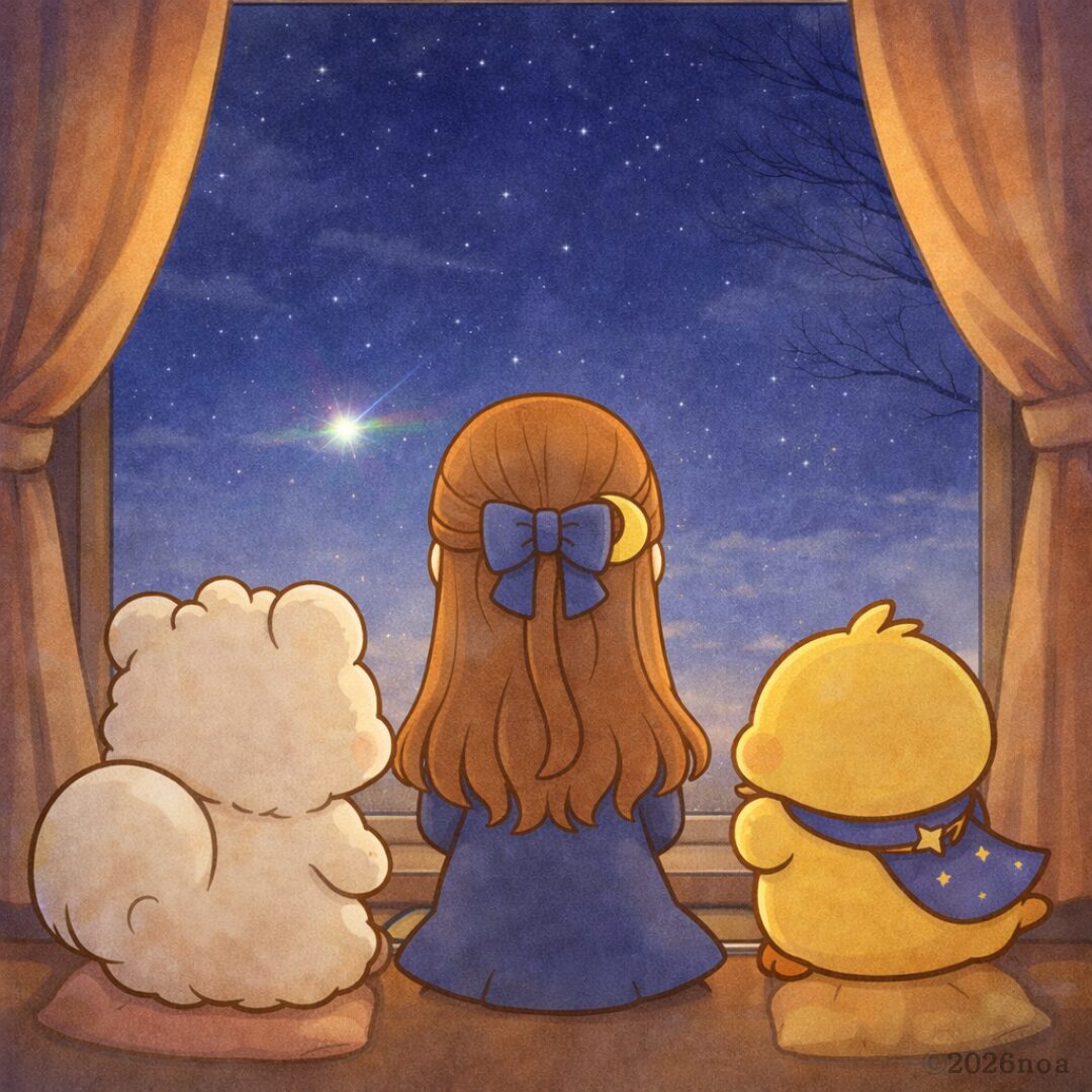 ルミリィ、お嬢さま、かたるんが後ろ姿で夜空に輝くシリウスを見上げるイラスト