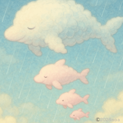 雨の空を泳ぐ空イルカの幻獣ネムリュカの親子のイラスト