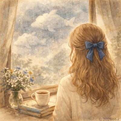 雨の日、窓辺で外を見つめる女性の後ろ姿のイラスト。静かな部屋でひとり過ごす様子。