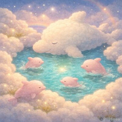 雲のくぼみにできた星雫プールで、親ネムリュカと桃色の子ネムリュカたちが泳いでいる様子のイラスト