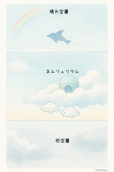 ネムリュカの生息域を示した図。晴れ空層、雲のすき間にあるネムリュリウム、低空層の位置関係を描いている。
