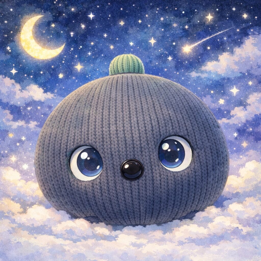 星空と雲の上に浮かぶ、ニット素材のニコボをモチーフにしたイラスト。大きな目が印象的。