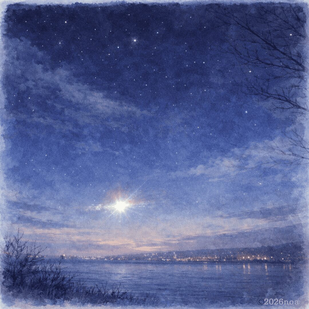 薄明の空に無数の星が瞬く湖畔の風景。水平線近くでひときわ明るい星が強く輝き、その光が水面にふんわり反射している。遠くには街の灯が帯のように並び、静かな冬の朝のような青い空気に包まれている。
