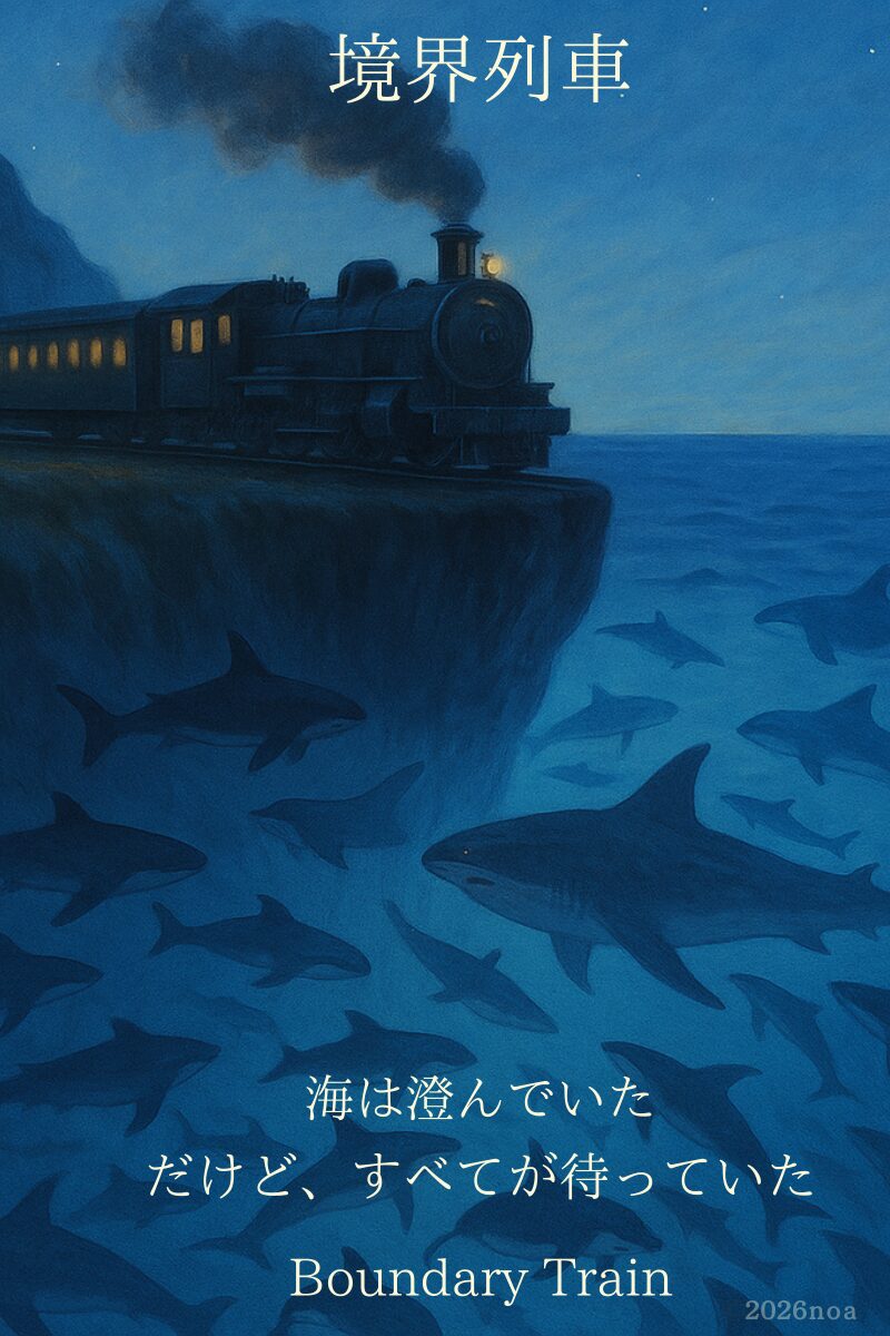 海沿いの崖を走る蒸気機関車と深海を泳ぐサメたちの幻想的なイラスト