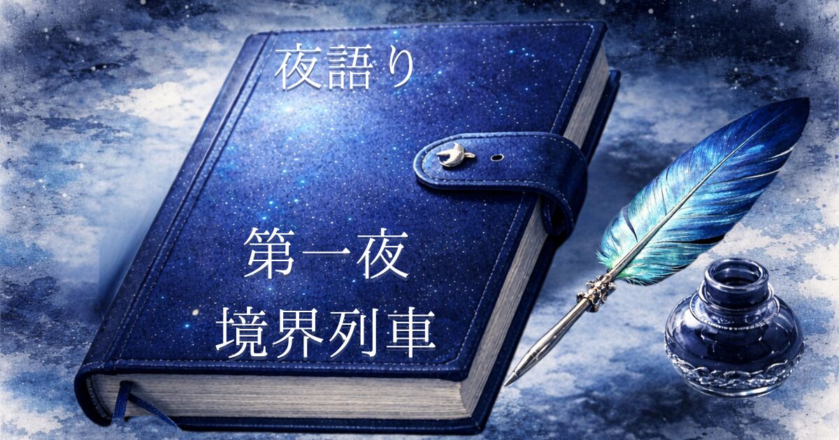 星空のような青い日記帳にタイトル夜語り、第一夜境界列車と描かれたイラスト。