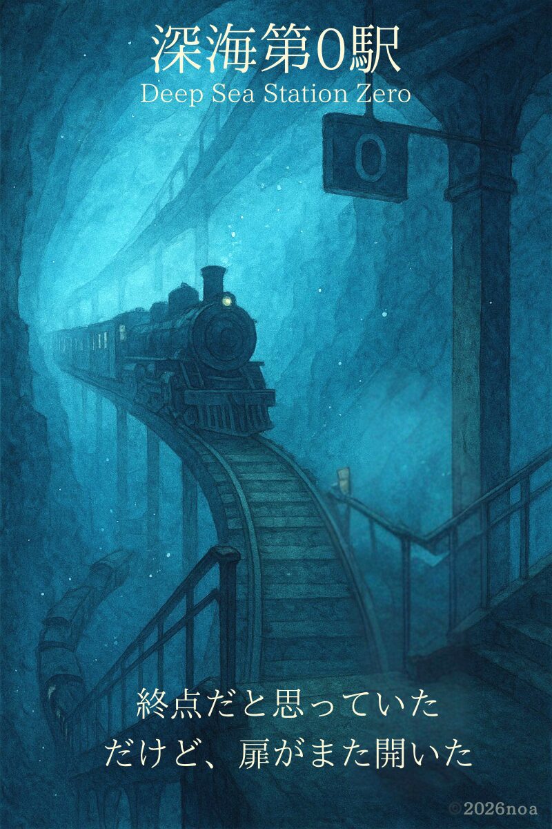 深海の中にある第0駅に蒸気機関車が到着する幻想的なイラスト