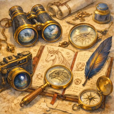 幻獣観測記録のための双眼鏡や書物、地図などが並べられた観測机のイラスト