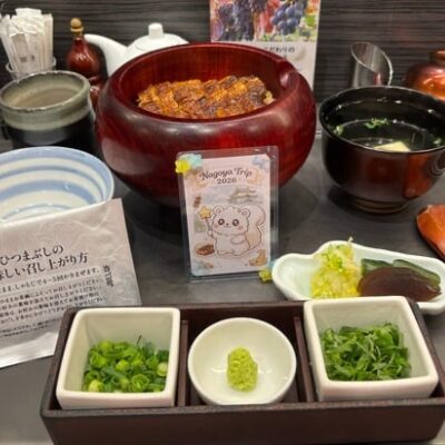 木の器に盛られたひつまぶしと、ネギ・わさび・三つ葉などの薬味、出汁、お椀が並んだセット。カウンター席で撮影。