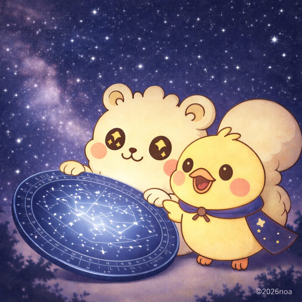 ルミリィとかたるんが星座盤をのぞきこんでいるイラスト