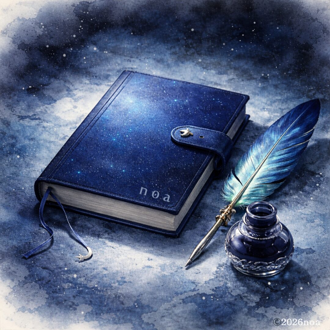 星空のような青い日記帳と羽ペン、深海色のインク瓶のイラスト