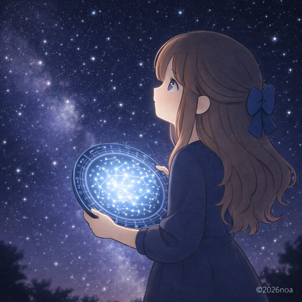 星座盤を抱えて夜空を見つめる少女のファンタジーイラスト