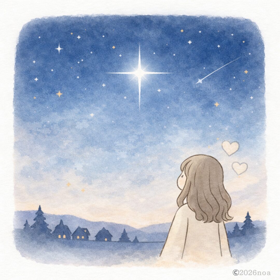 夜空の明るい星を見上げる人物のイラスト。シリウスを眺めている様子