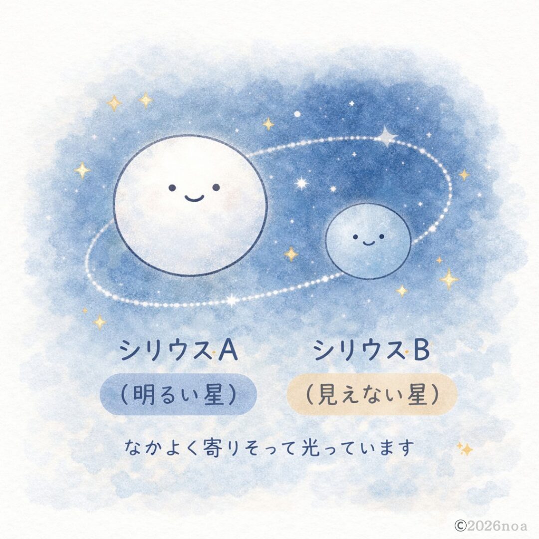 シリウスAとシリウスBのイラスト。明るい星と見えにくい伴星が寄り添って公転している様子