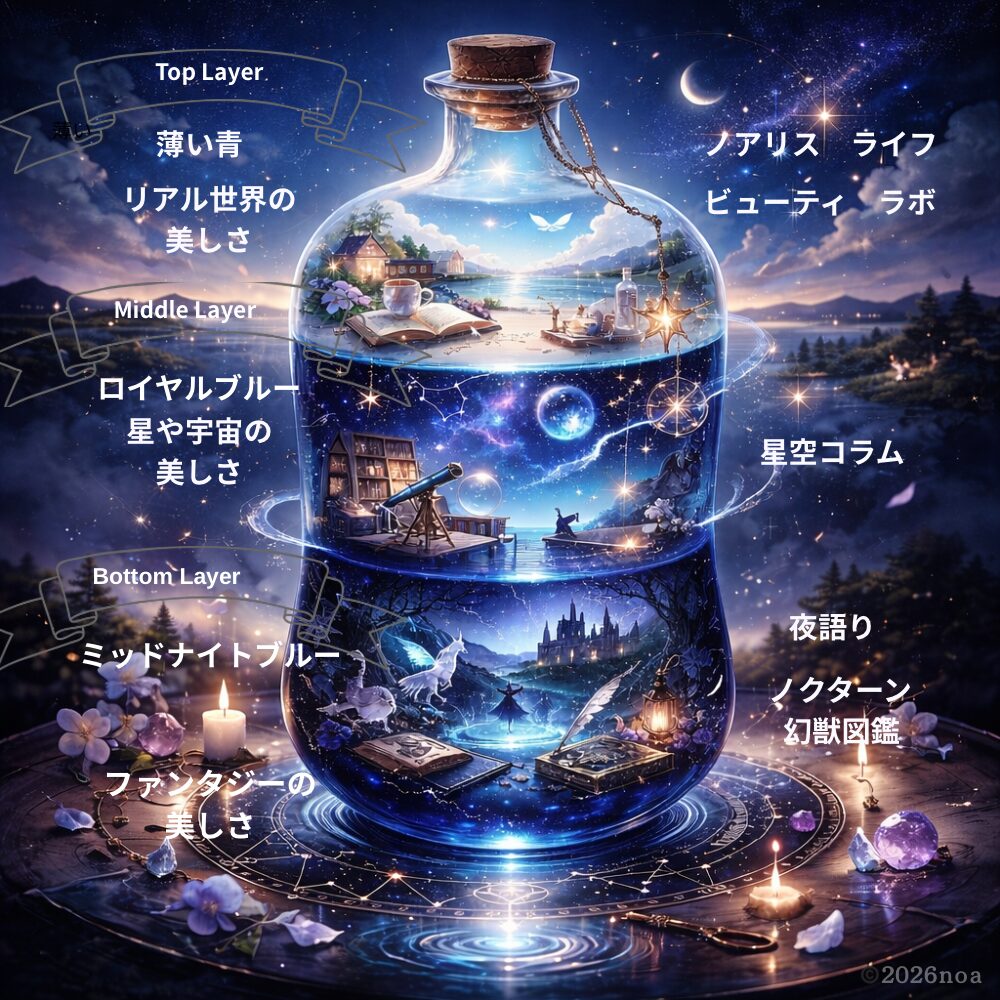 Noaliceの世界構造を示したイラスト。ガラス瓶の中に三つの層(リアル世界・星と宇宙・幻想世界)が描かれ、それぞれに対応するカテゴリ(ノアリスライフ、ビューティーラボ、星空コラム、夜語り、ノクターン幻獣図鑑)が配置されている。