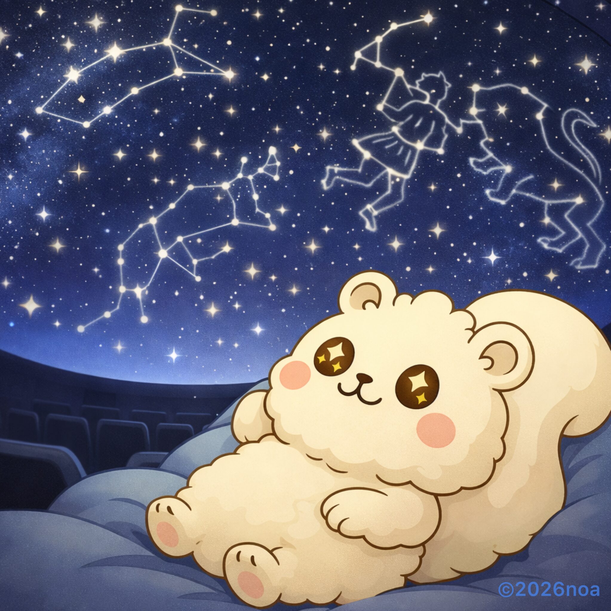 ブログマスコットキャラクターの雲のリス妖精のルミリィが寝そべりながらプラネタリウムを楽しむ姿のイラスト