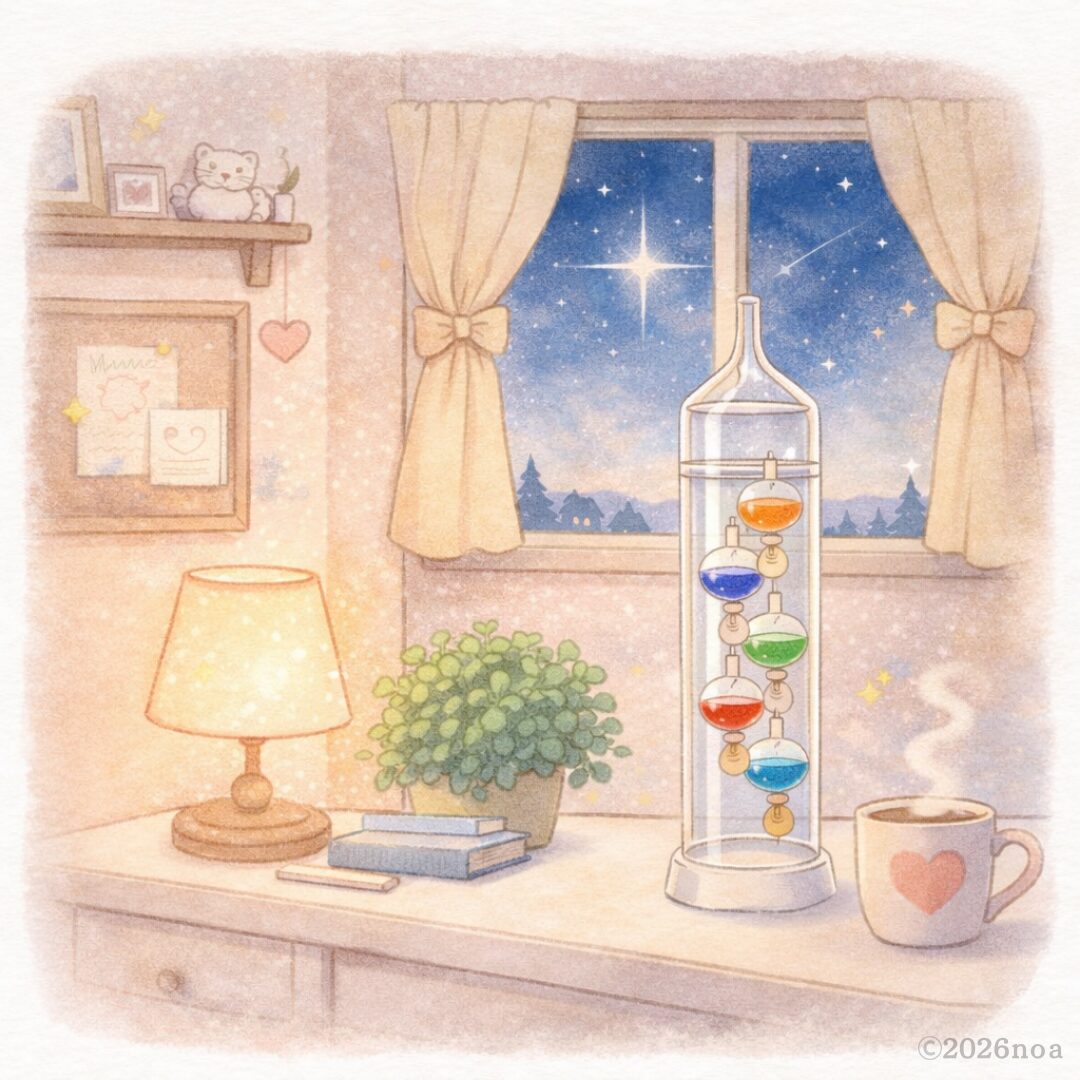 ガリレオ温度計が置かれた部屋のやさしい夜のイメージイラスト