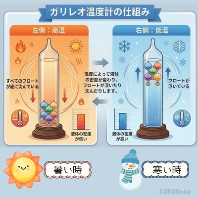 ガリレオ温度計の仕組み 高温と低温でフロートが浮き沈みする原理の図解