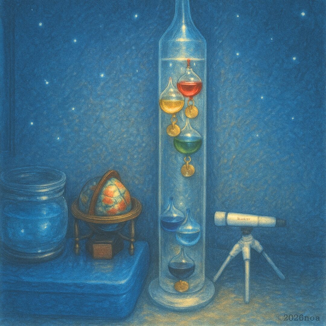 ガリレオ温度計が置かれた部屋のやさしい夜のイメージイラスト