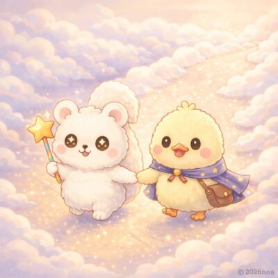 ルミリィとかたるんが手をつないで、光の雲ロードを歩いて帰る様子