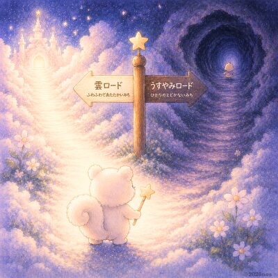 雲の分かれ道で、明るい雲ロードと暗いうすやみロードを見つめるルミリィの後ろ姿