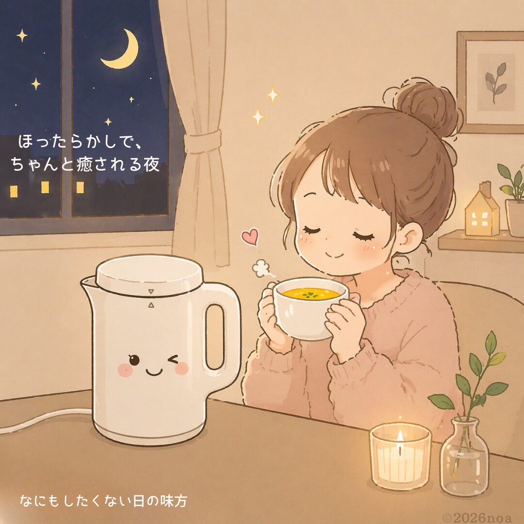 夜に自宅でレコルト自動調理ポットで温かいスープを飲む女の子のイラスト