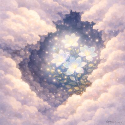 雲の裂け目に咲く、淡く光る天縫花がやさしく輝いている様子