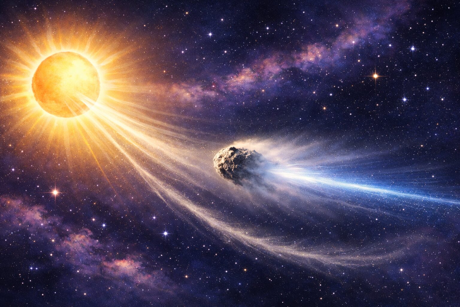 太陽の強い光を浴びながら、ガスと塵の尾を引いて飛ぶ彗星のイメージ画像