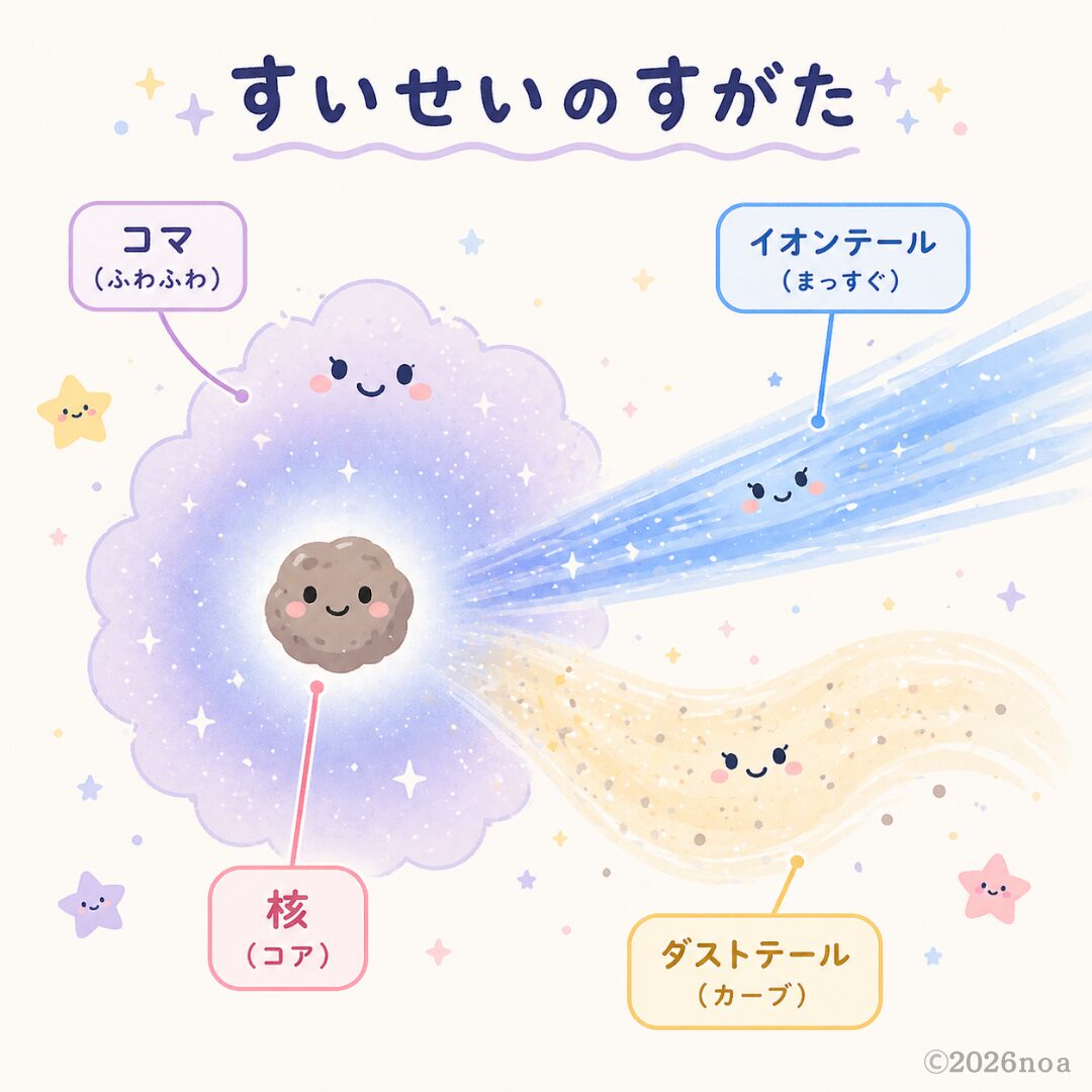 彗星の構造をかわいいイラストで解説した図。核（コア）・コマ（ふわふわ）・イオンテール（まっすぐ）・ダストテール（カーブ）がラベル付きで描かれている