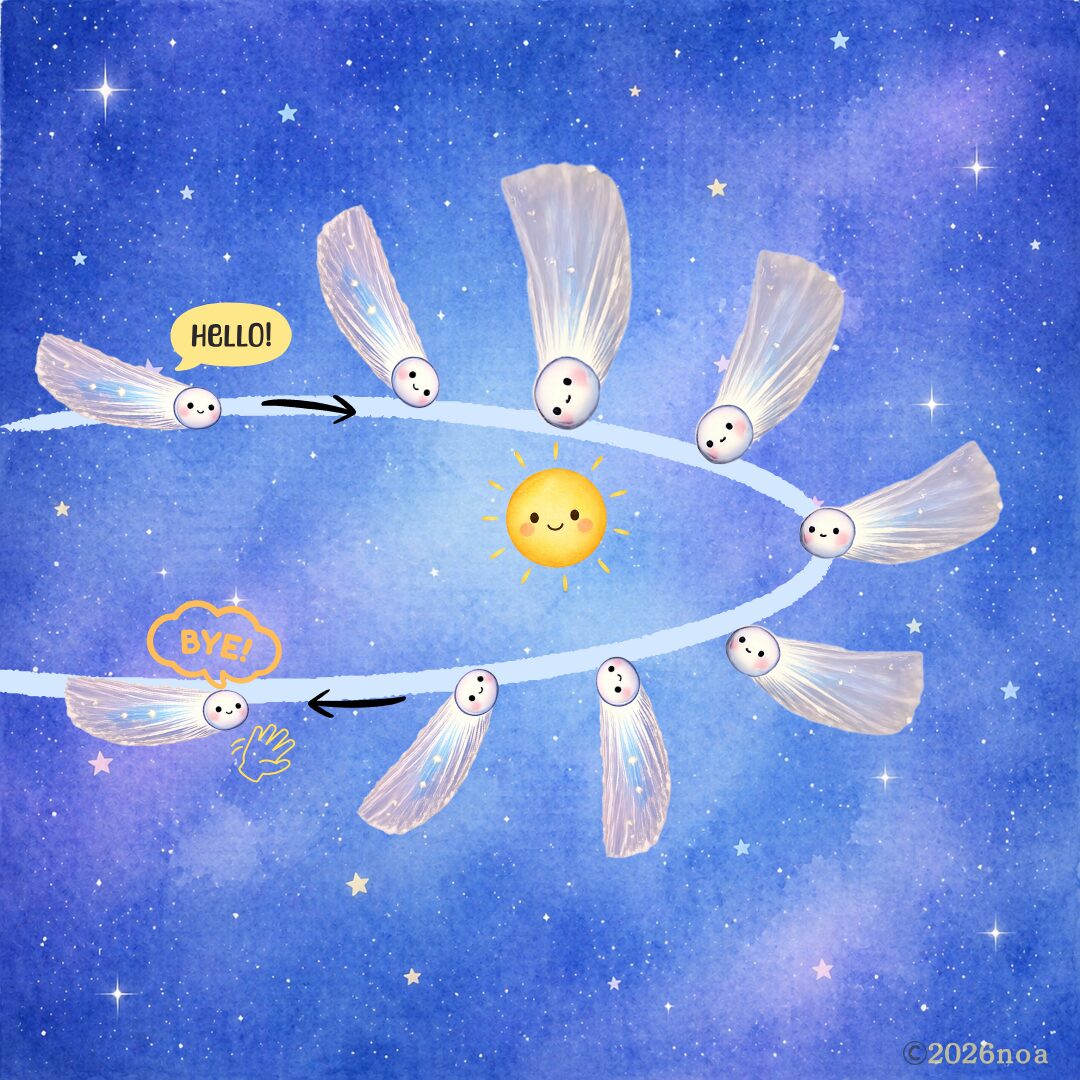 彗星が太陽のまわりを楕円軌道で公転するイラスト。近づくときHELLO・離れるときBYEの吹き出しがあり、どの位置でもしっぽが太陽と逆方向に伸びていることが示されている