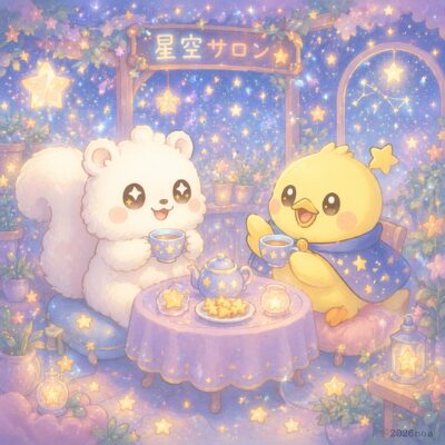 星空サロンでお茶をしながら昔の思い出を語り合う、ルミリィと宇宙鳥かたるんの様子