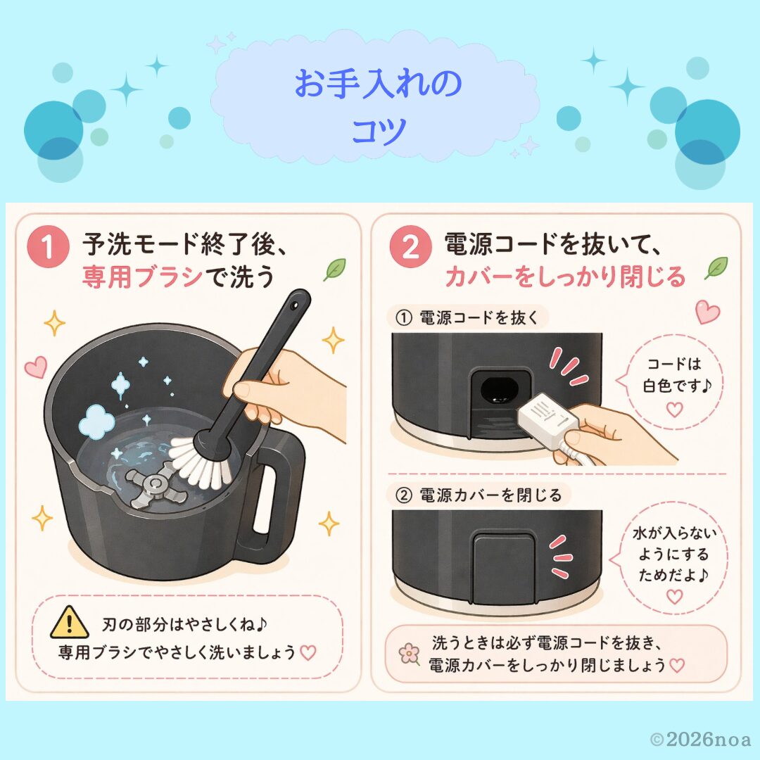 レコルト自動調理ポットのお手入れ方法。予洗いモードの使い方と電源カバーの閉じ方イラスト解説