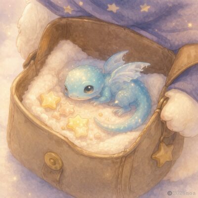 かたるんのバッグの中で、星のように輝く小さな青いトカゲの子。
タオルが敷かれ、齧ったあとのある金平糖が周りに散らばっている。