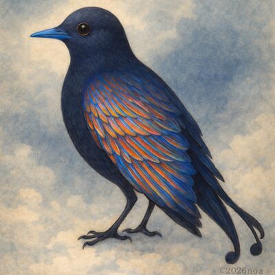 音色鳥の外観イラスト 無限の色彩の羽を持つ幻獣 ノクターン幻獣図鑑
